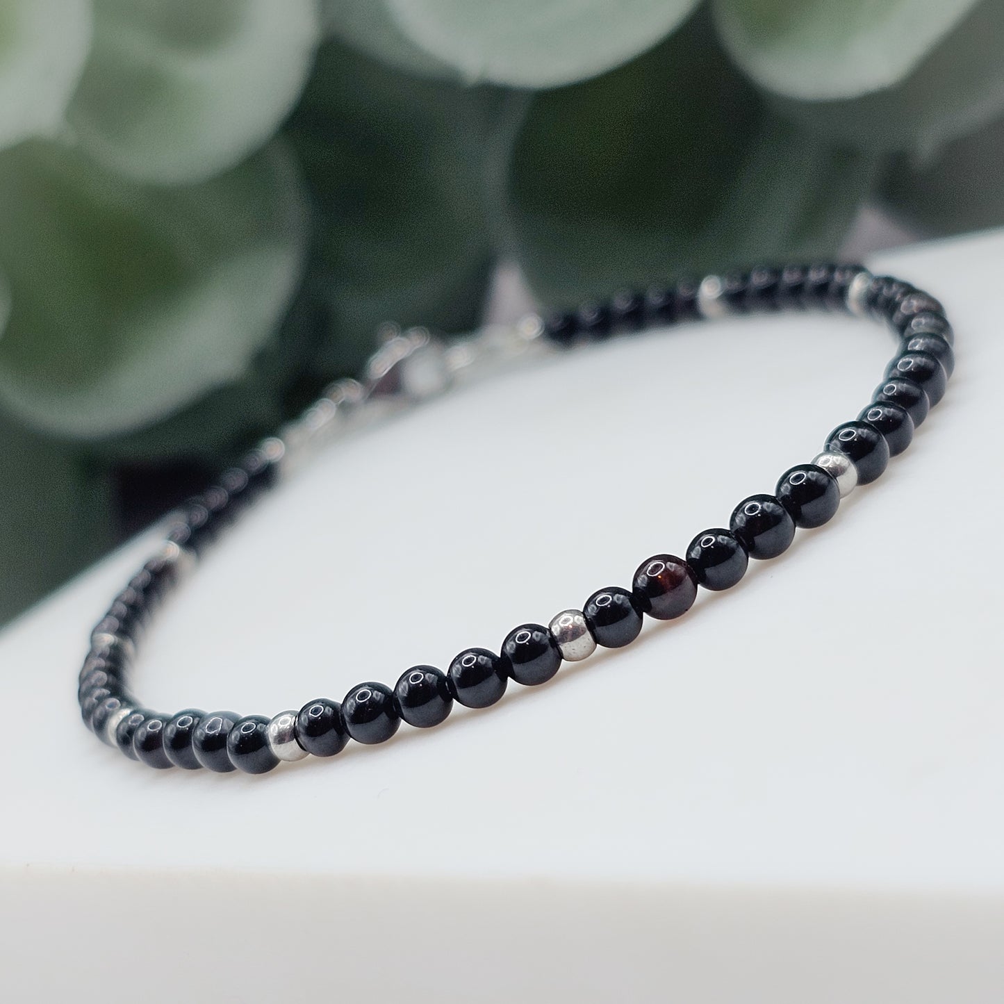 Dainty Black Agate Silver Stainless Steel Bead and Clasp Bracelet | Handmade Gemstone Jewellery Australia | Handmade Gemstone Bracelet | Gift for Her, Gift for Women, Crystal Jewellery, Crystal Bracelet