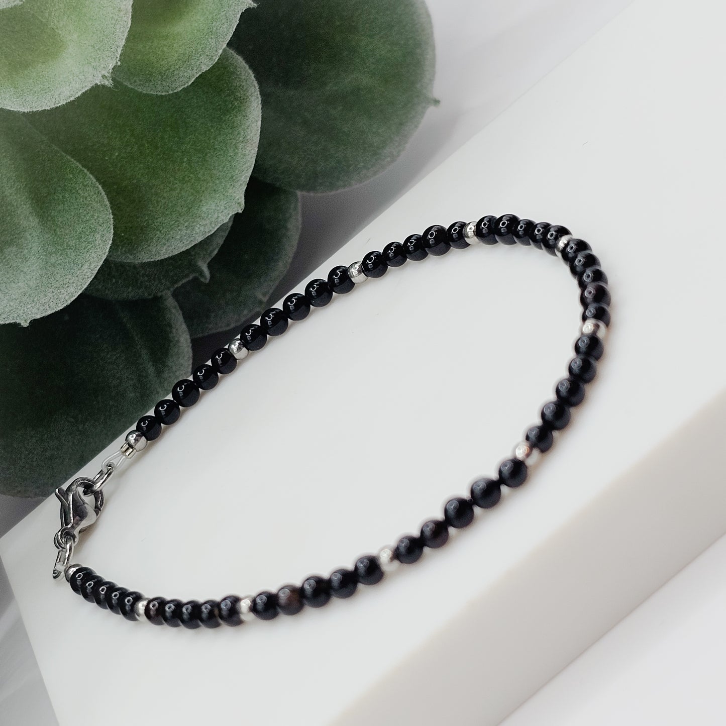 Dainty Black Agate Silver Stainless Steel Bead and Clasp Bracelet | Handmade Gemstone Jewellery Australia | Handmade Gemstone Bracelet | Gift for Her, Gift for Women, Crystal Jewellery, Crystal Bracelet