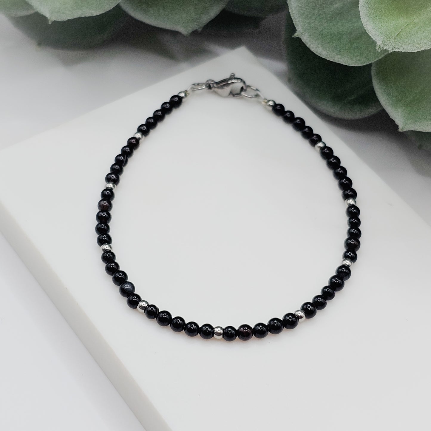 Dainty Black Agate Silver Stainless Steel Bead and Clasp Bracelet | Handmade Gemstone Jewellery Australia | Handmade Gemstone Bracelet | Gift for Her, Gift for Women, Crystal Jewellery, Crystal Bracelet