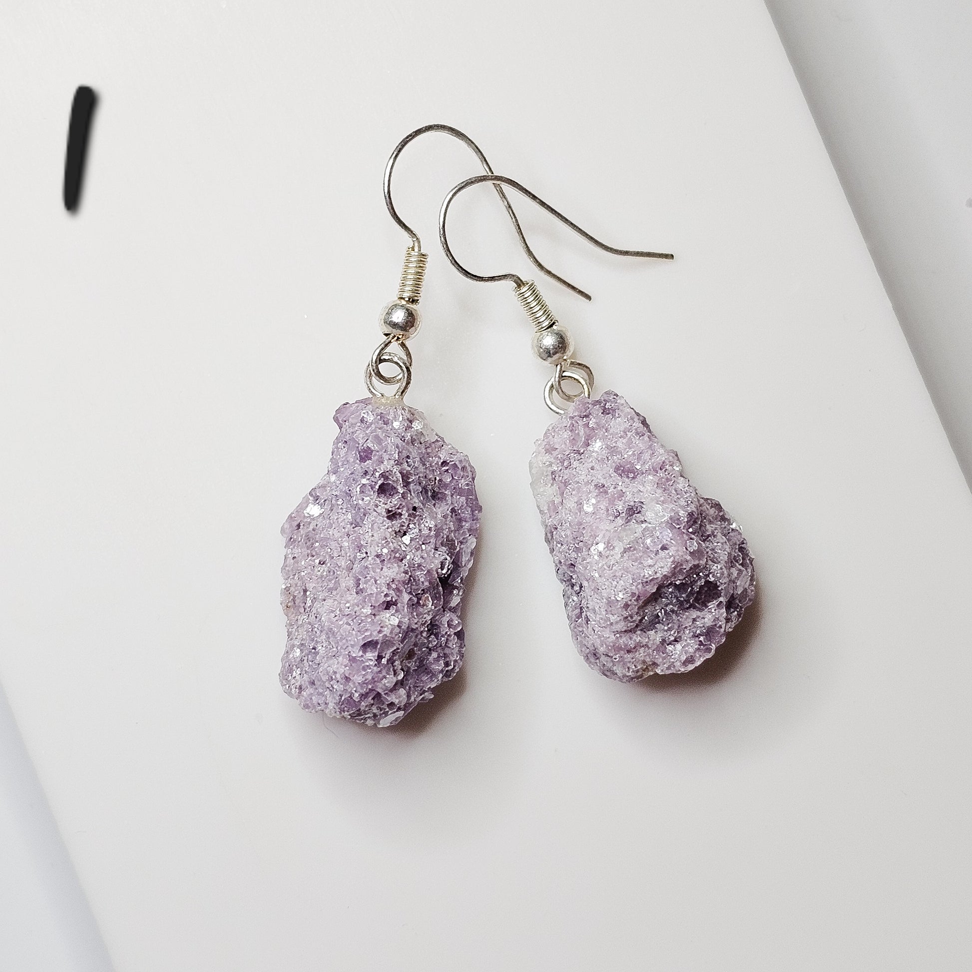 Raw Lepidolite silver plated earrings with hypo-allergenic ear wires.