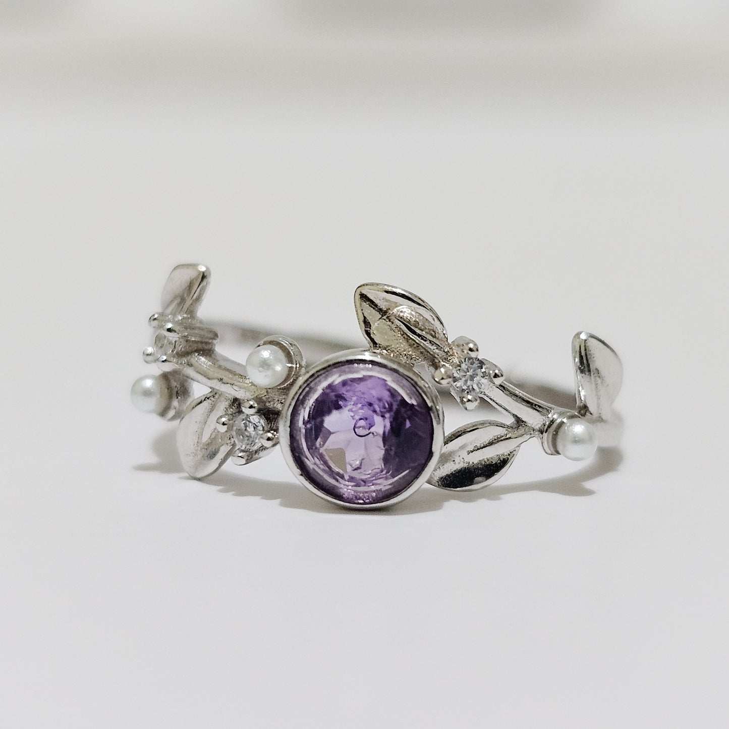 Amethyst, Pearl & Zircon 925 Silver Adjustable Ring