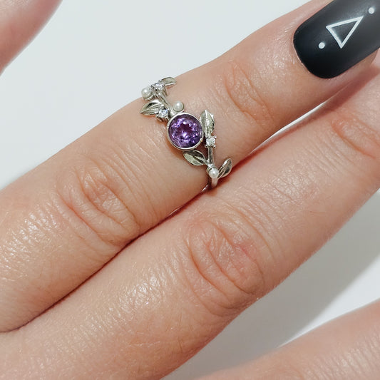 Amethyst, Pearl & Zircon 925 Silver Adjustable Ring