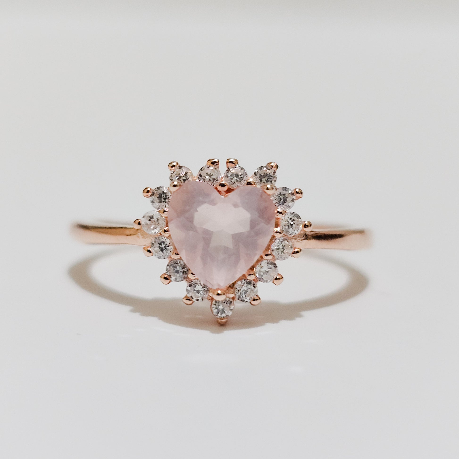 Rose Quartz Halo Heart 925 Silver Adjustable Ring