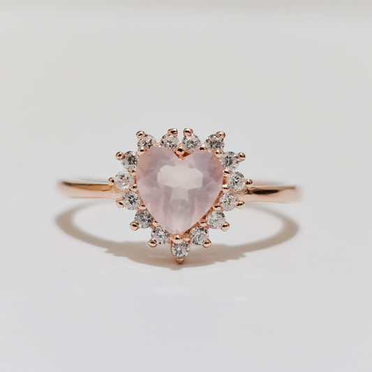 Rose Quartz Halo Heart 925 Silver Adjustable Ring