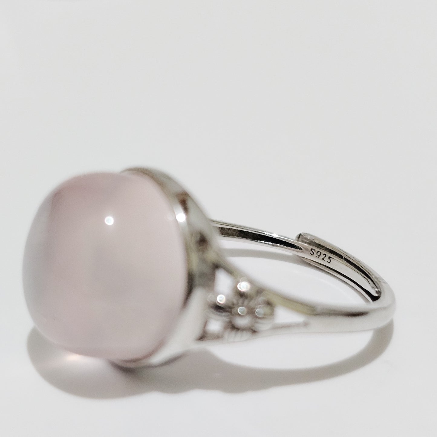 Rose Quartz Floral 925 Silver Adjustable Ring