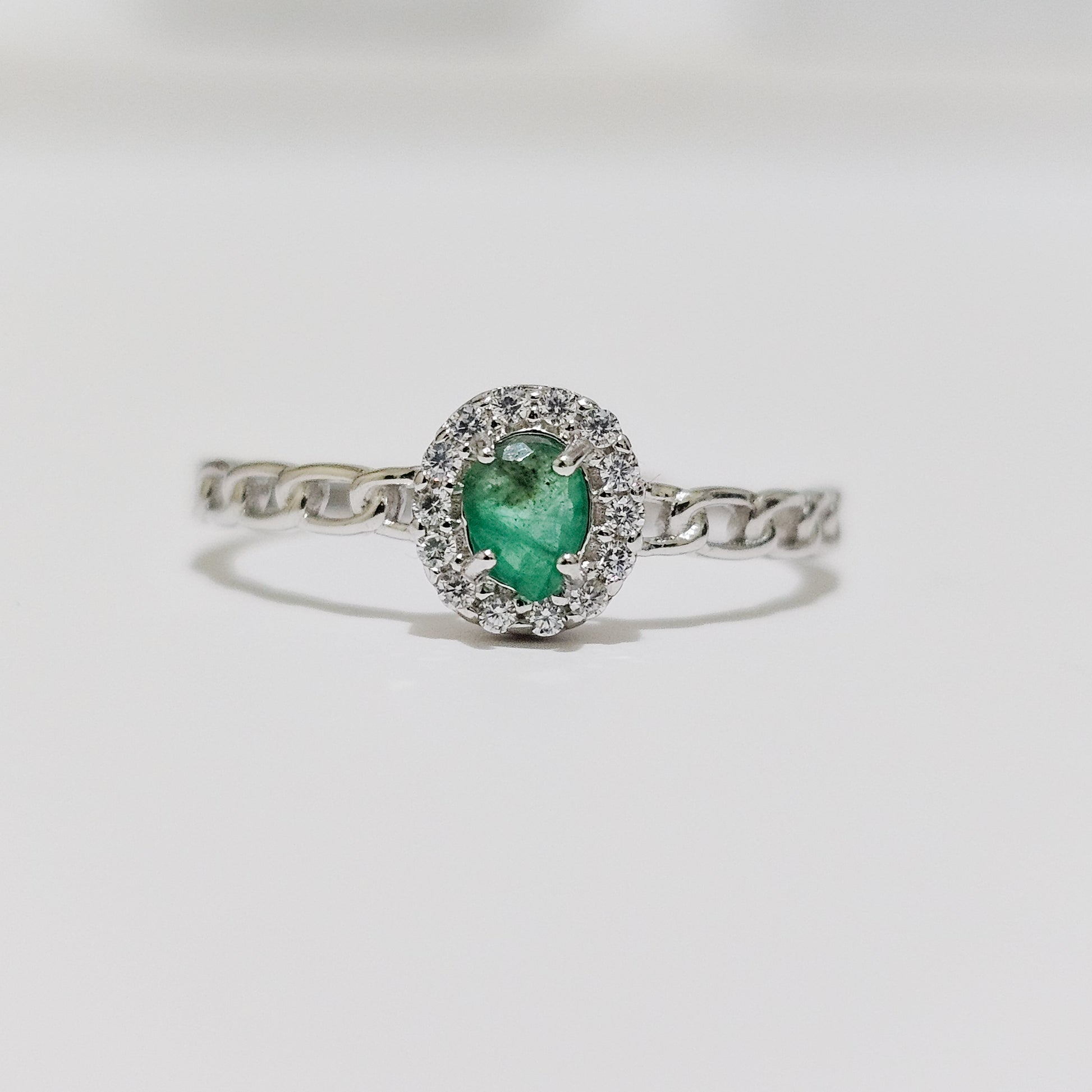 Emerald & Zircon Halo 925 Silver Adjustable Ring