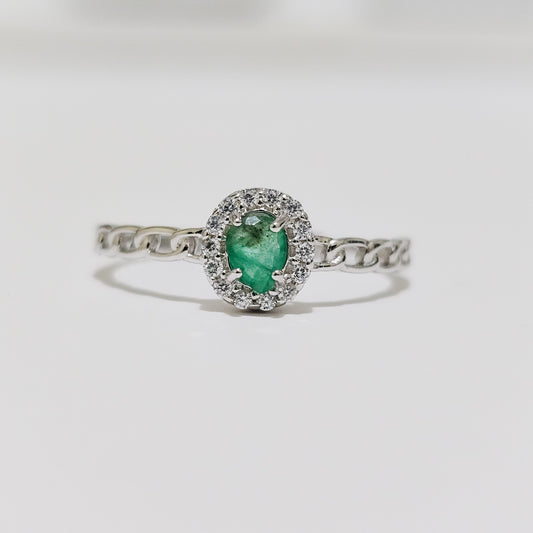 Emerald & Zircon Halo 925 Silver Adjustable Ring