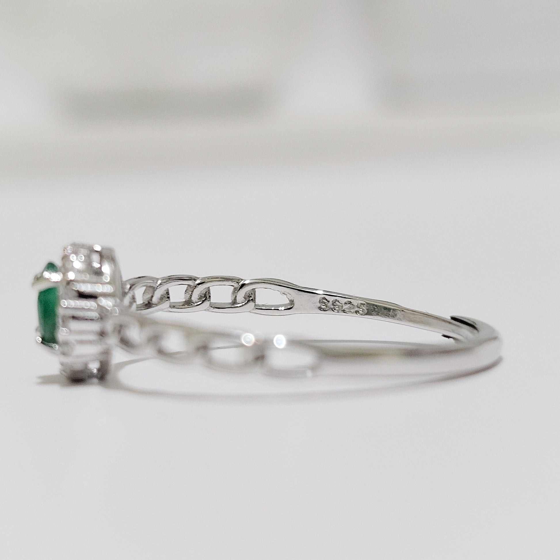 Emerald & Zircon Halo 925 Silver Adjustable Ring