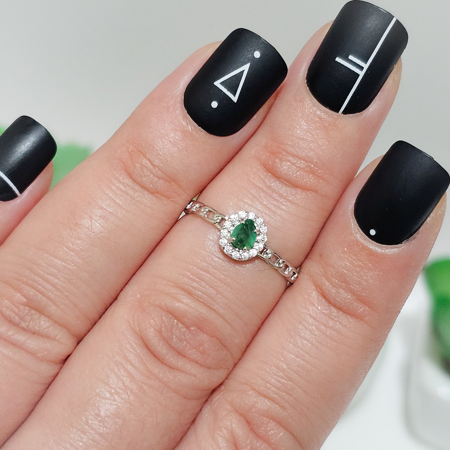 Emerald & Zircon Halo 925 Silver Adjustable Ring