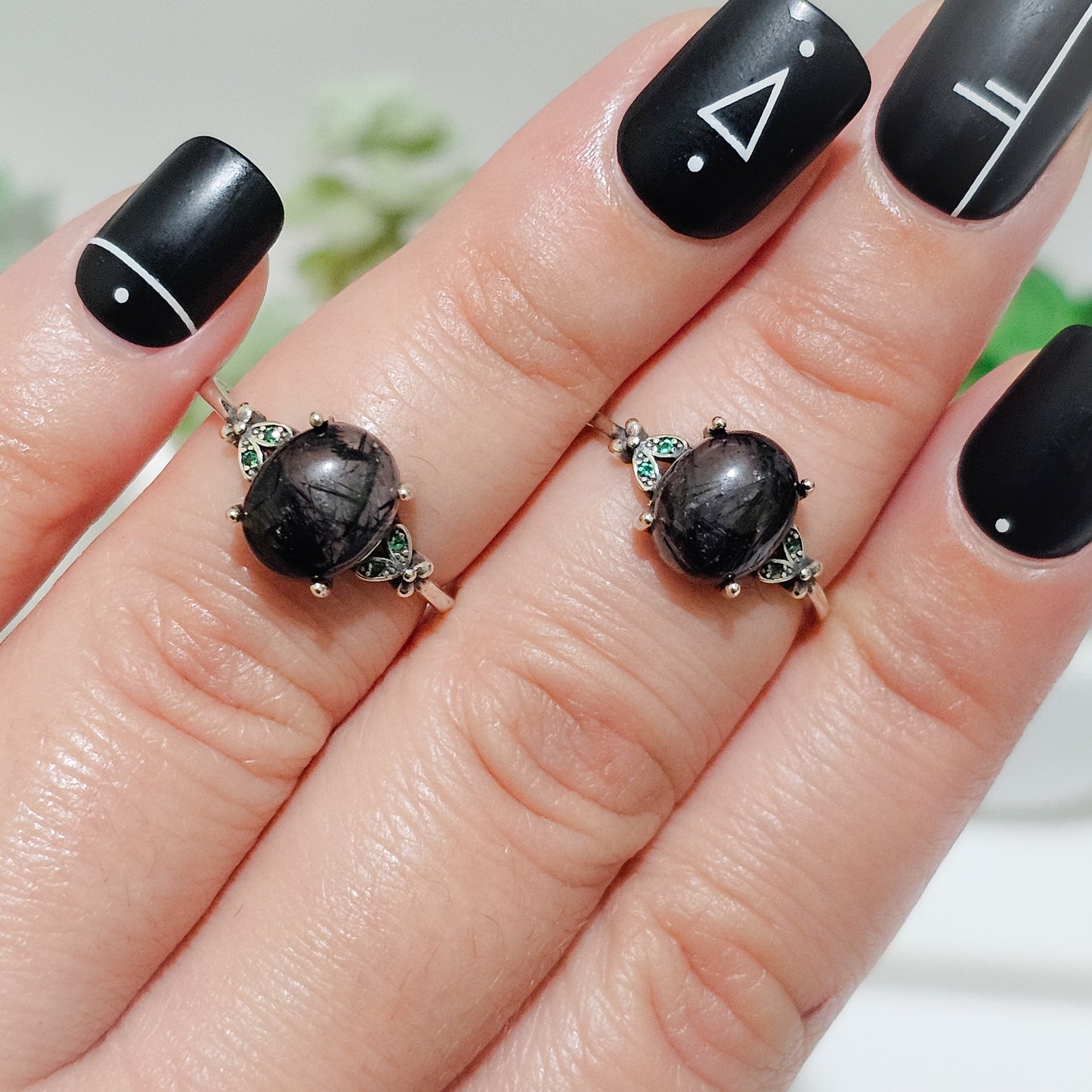 Black Tourmaline in Quartz & Zircon 925 Silver Adjustable Ring