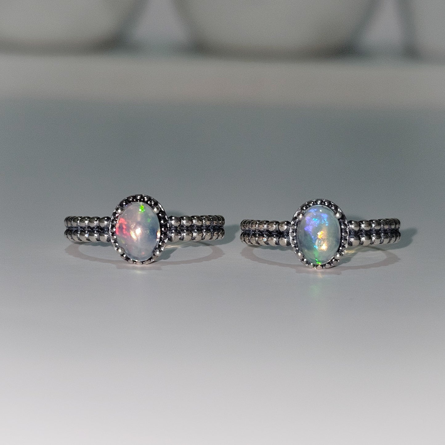 Opal Twin Bead Shoulder 925 Silver Adjustable Ring