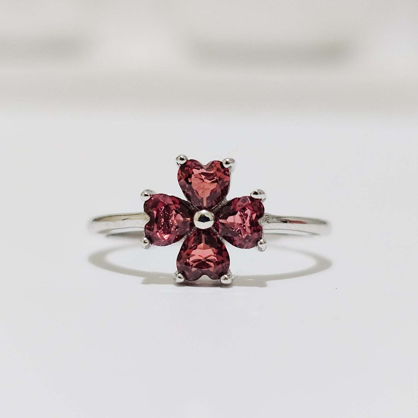 Garnet Clover 925 Silver Adjustable Ring