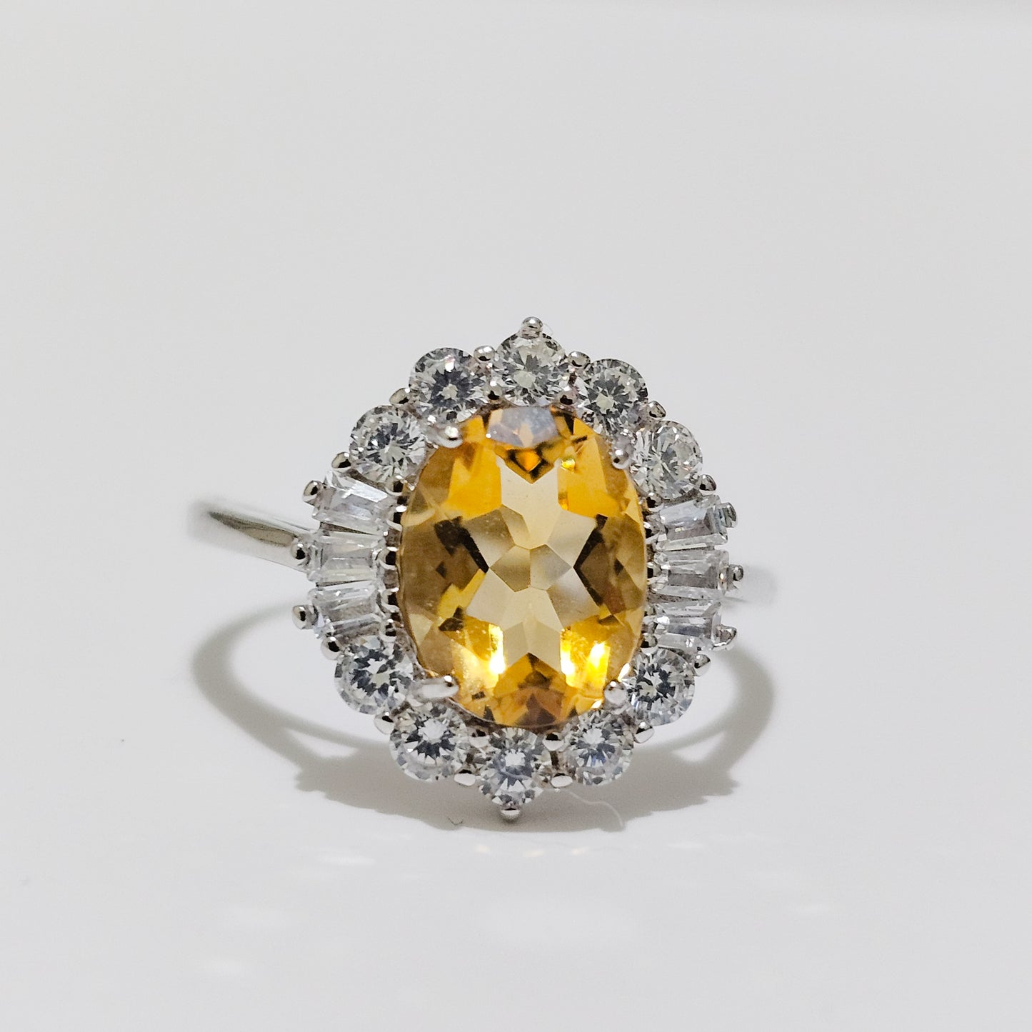 Citrine & Floral Zircon Halo 925 Silver Adjustable Ring