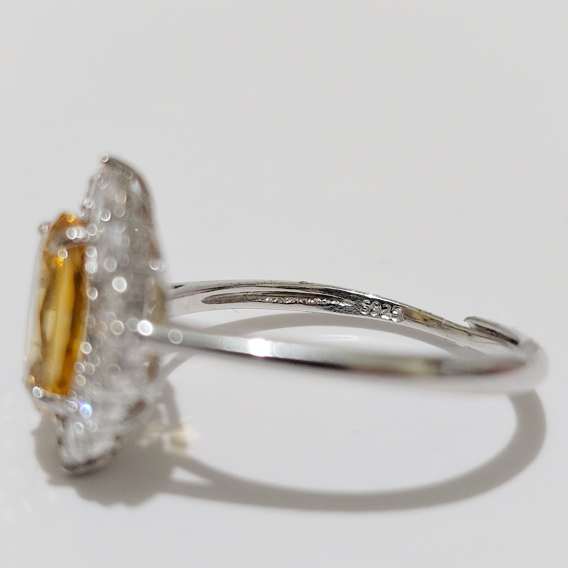 Citrine & Floral Zircon Halo 925 Silver Adjustable Ring