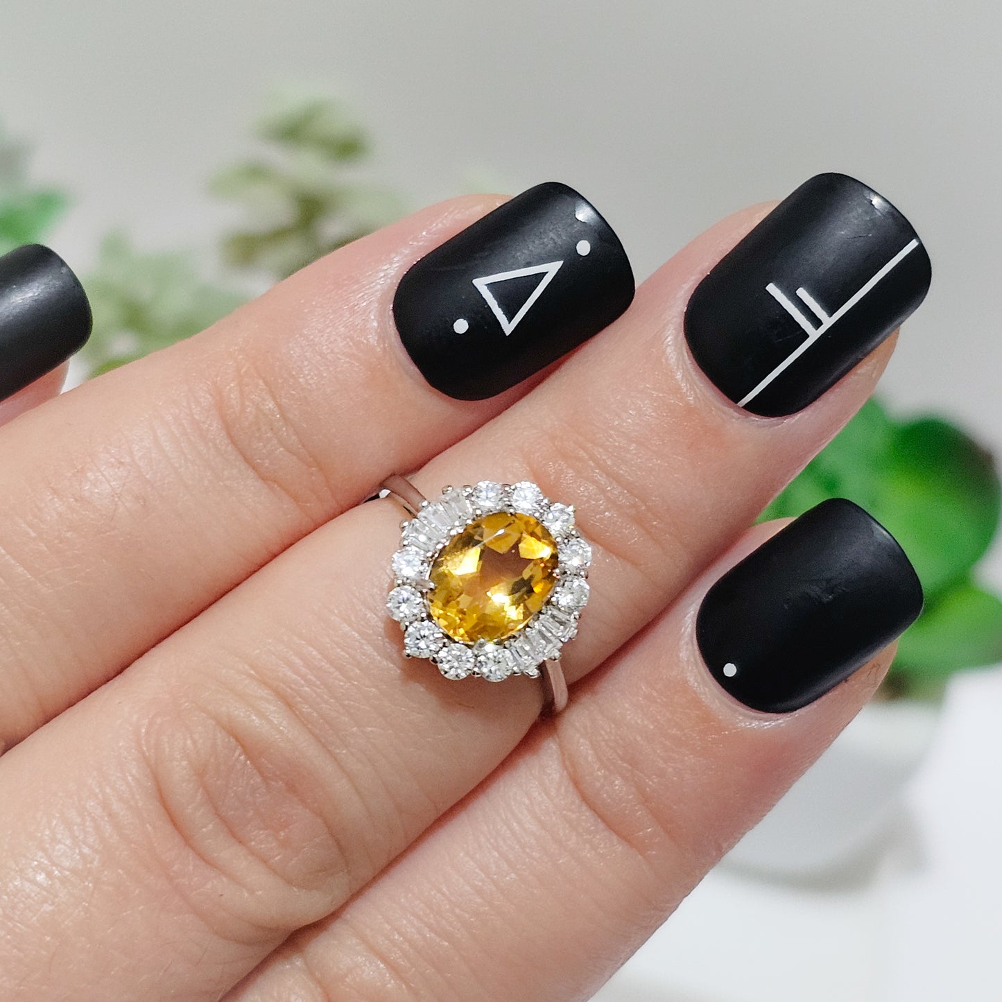 Citrine & Floral Zircon Halo 925 Silver Adjustable Ring