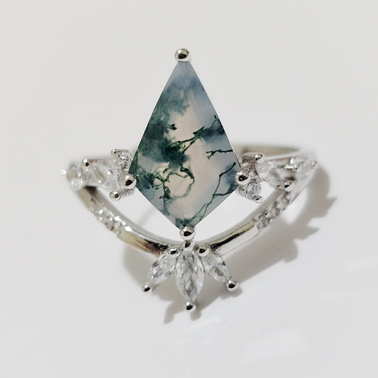 Moss Agate Kite & Zircon with Bridge 925 Silver Adjustable Ring