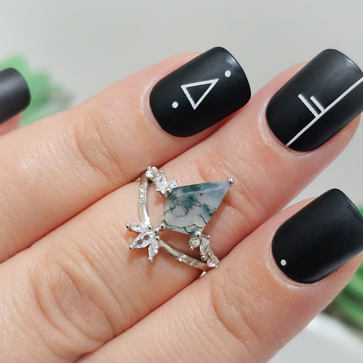 Moss Agate Kite & Zircon with Bridge 925 Silver Adjustable Ring