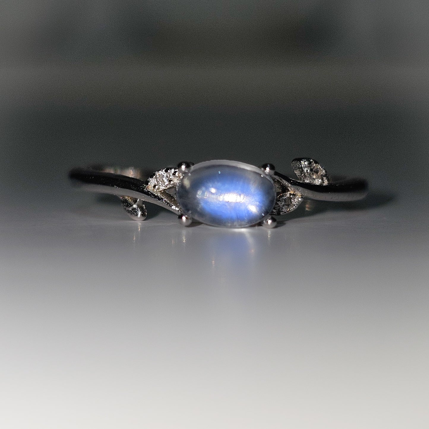 Rainbow Moonstone Zircon Leaf 925 Silver Adjustable Ring