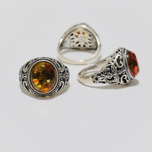 Mens Amber 925 Silver Adjustable Ring