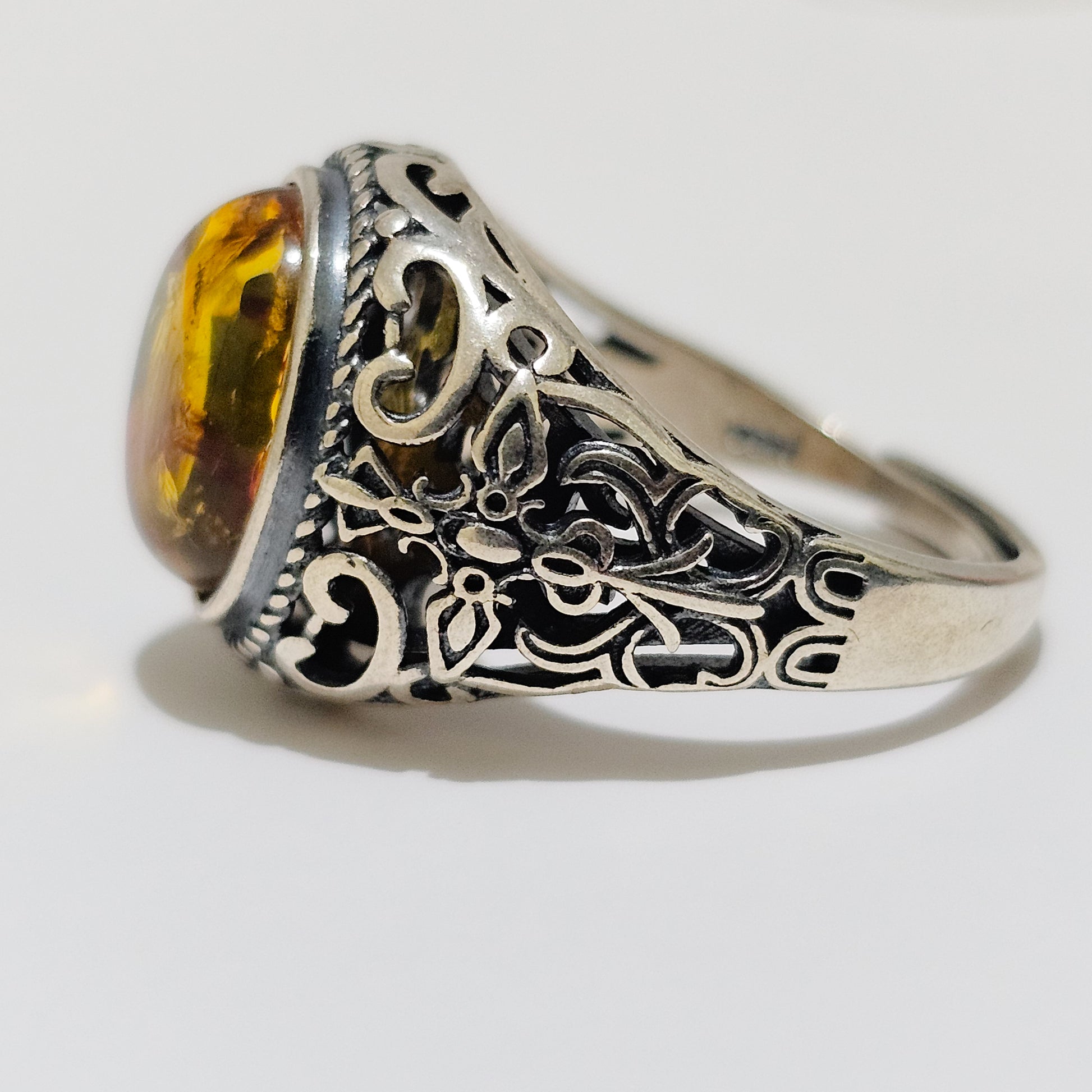 Mens Amber 925 Silver Adjustable Ring