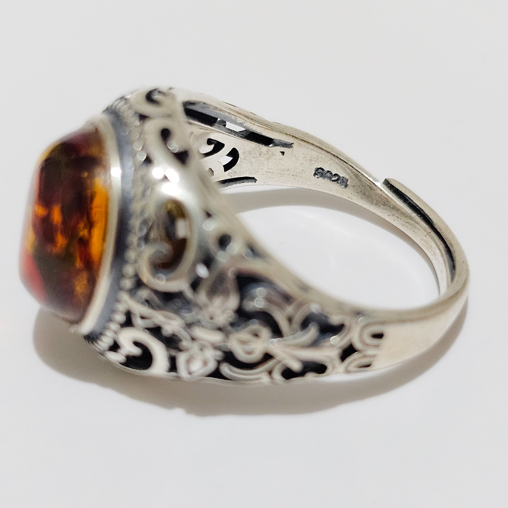 Mens Amber 925 Silver Adjustable Ring