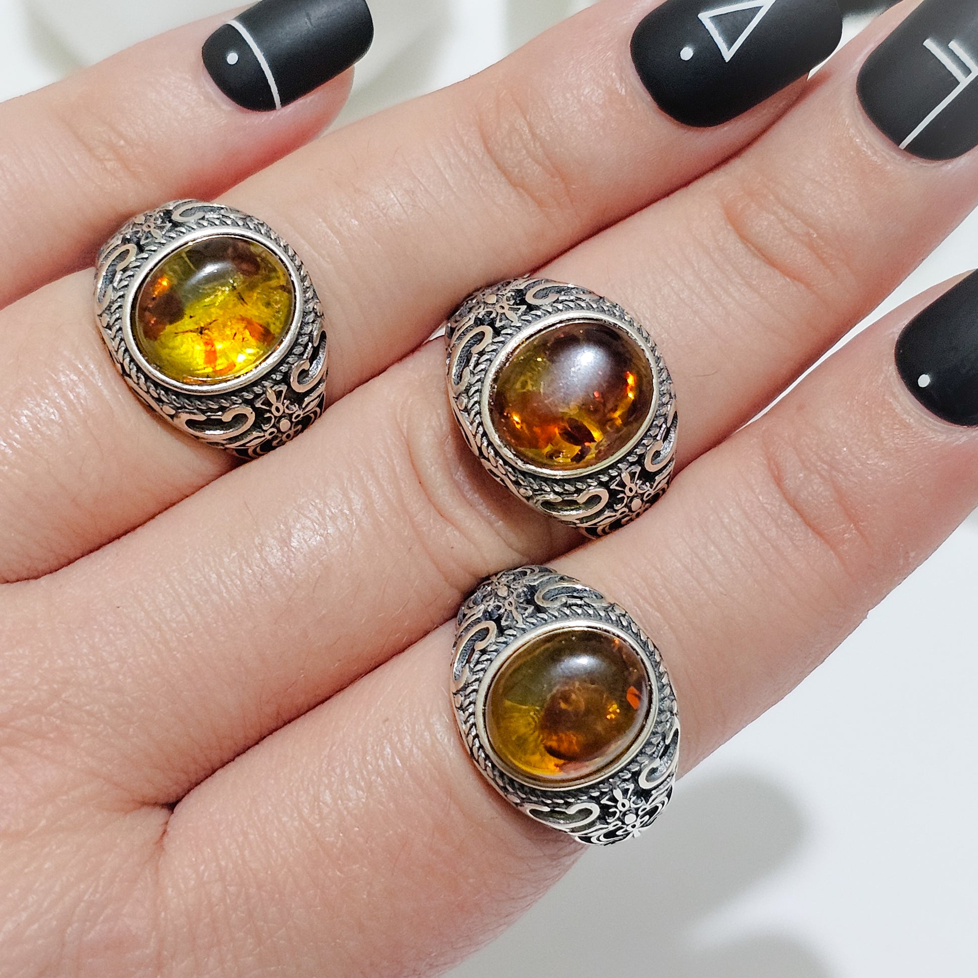 Mens Amber 925 Silver Adjustable Ring