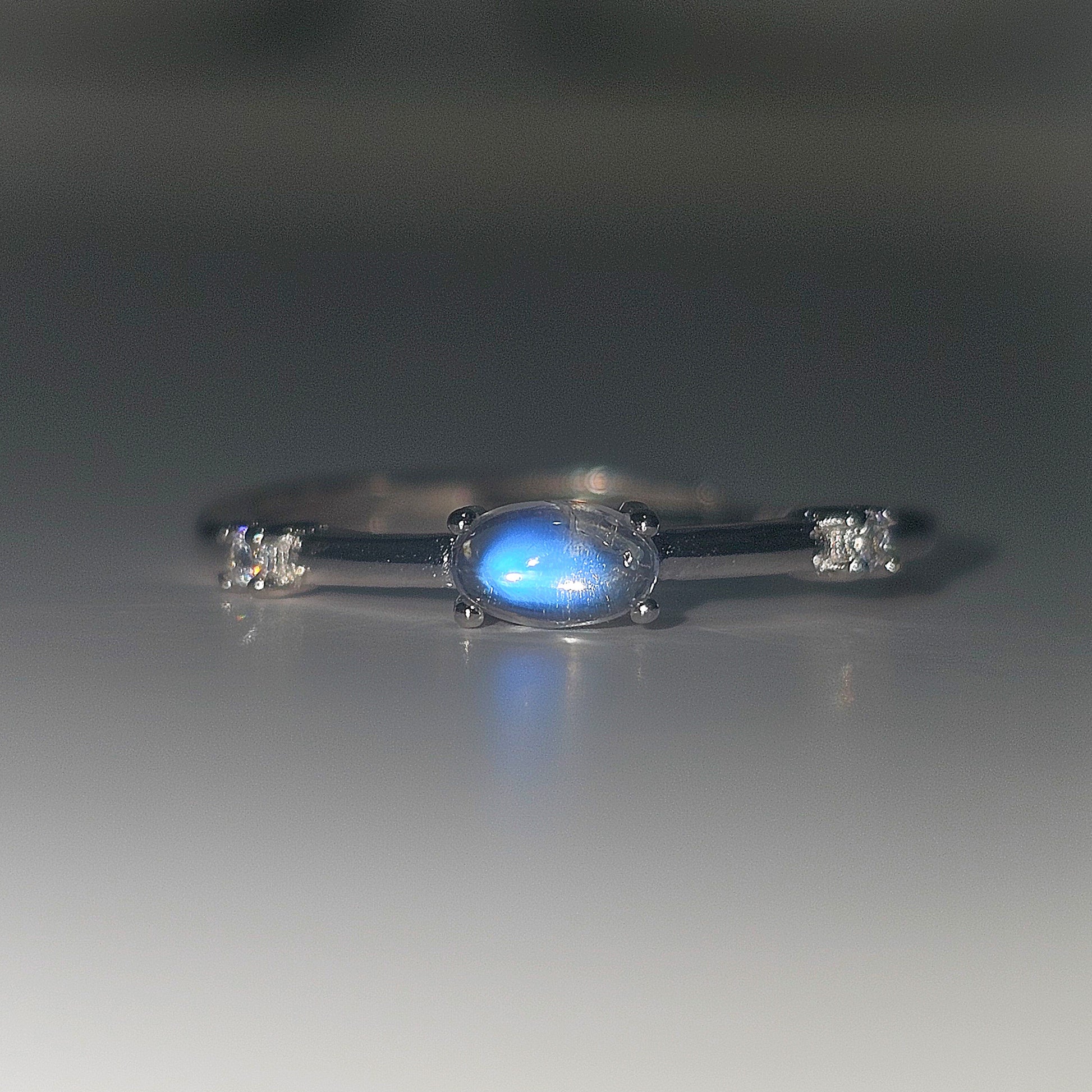 Dainty Rainbow Moonstone & Zircon 925 Silver Adjustable Ring