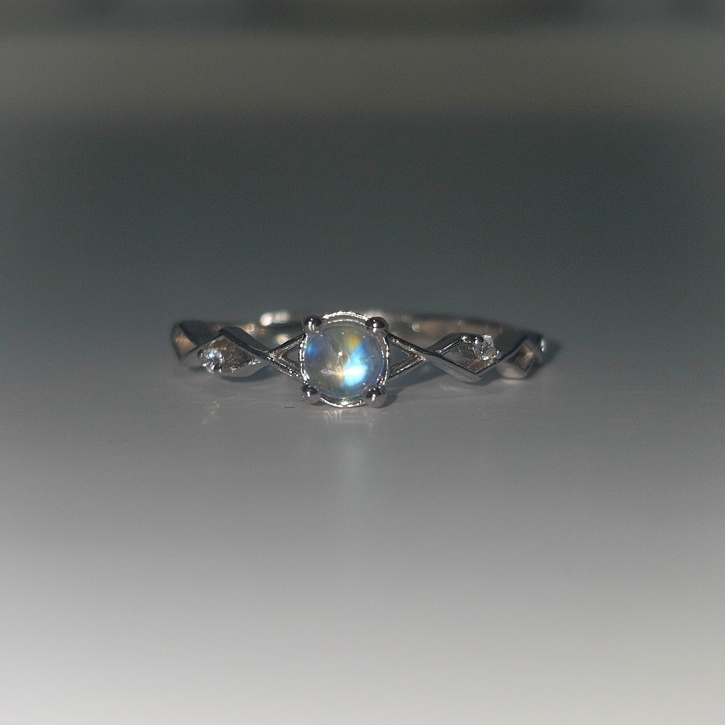 Rainbow Moonstone & Zircon 925 Silver Adjustable Ring