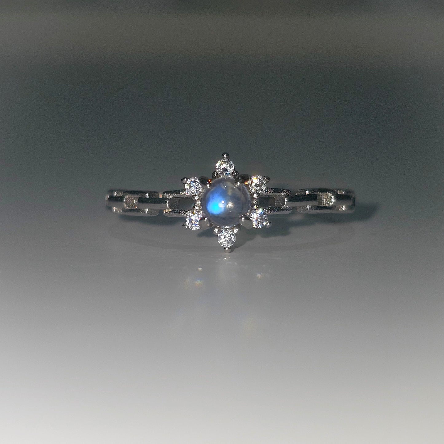 Floral Rainbow Moonstone & Zircon 925 Silver Adjustable Ring