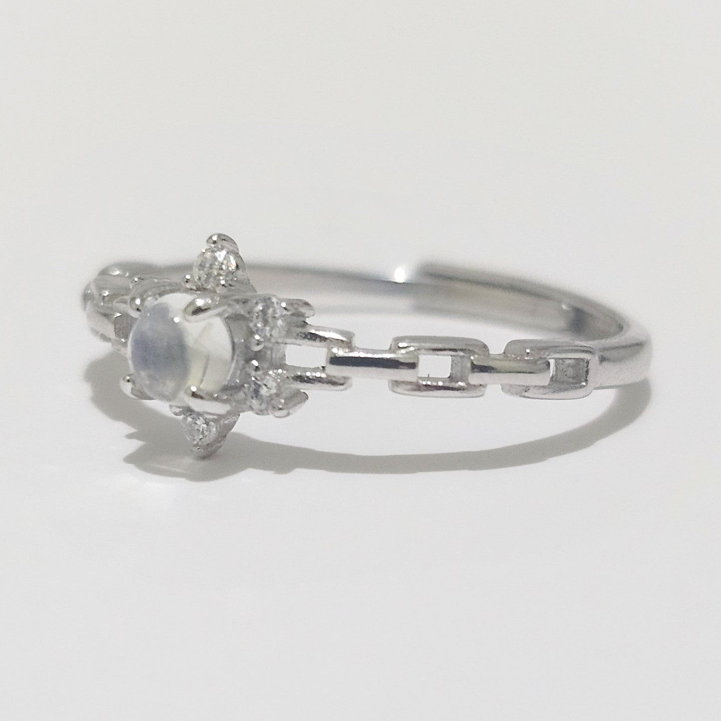 Floral Rainbow Moonstone & Zircon 925 Silver Adjustable Ring