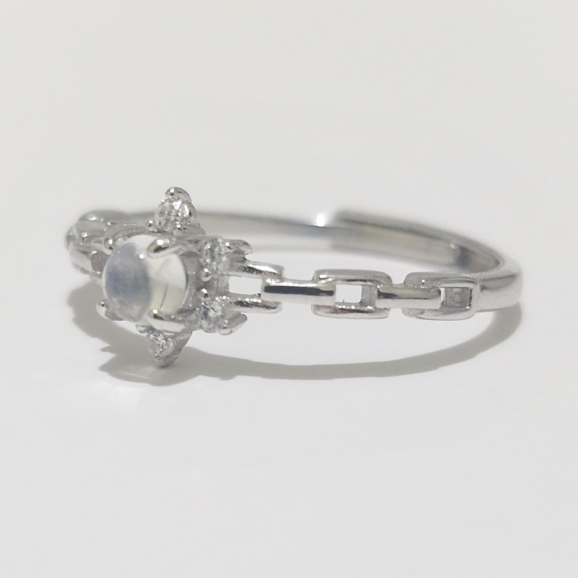 Floral Rainbow Moonstone & Zircon 925 Silver Adjustable Ring