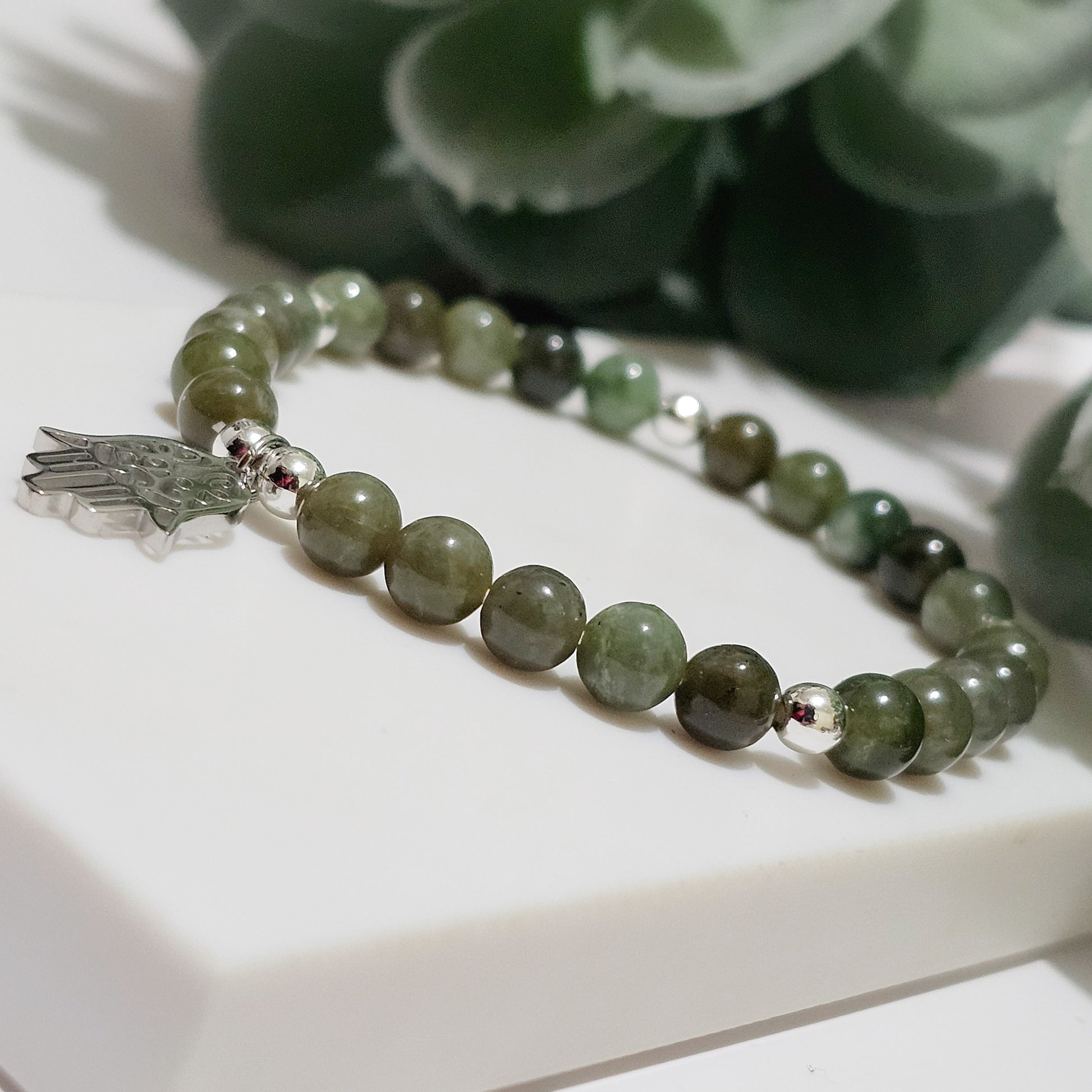 Xiuyan Jade Silver Hamsa Bracelet