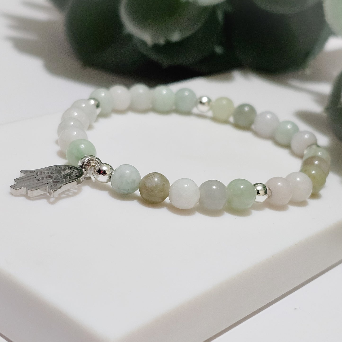 A Grade Jadeite Silver Hamsa Bracelet