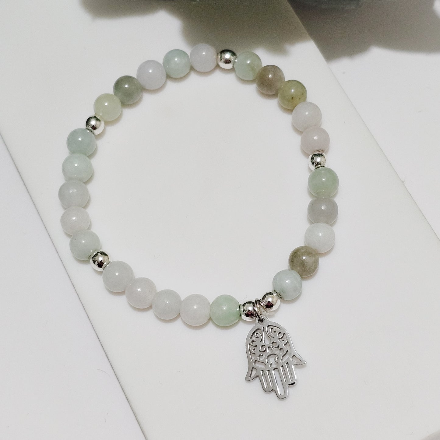 A Grade Jadeite Silver Hamsa Bracelet