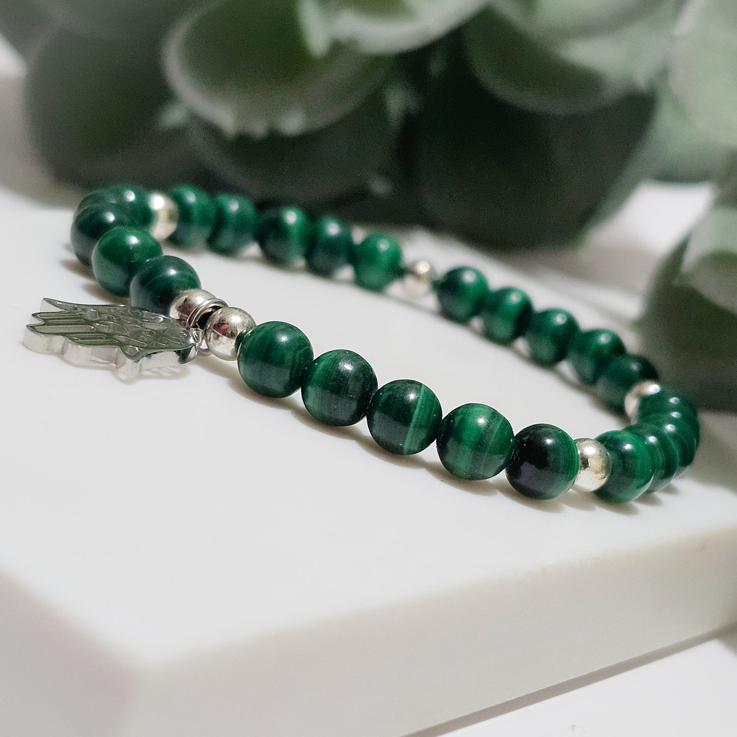 A Grade Malachite Silver Hamsa Bracelet