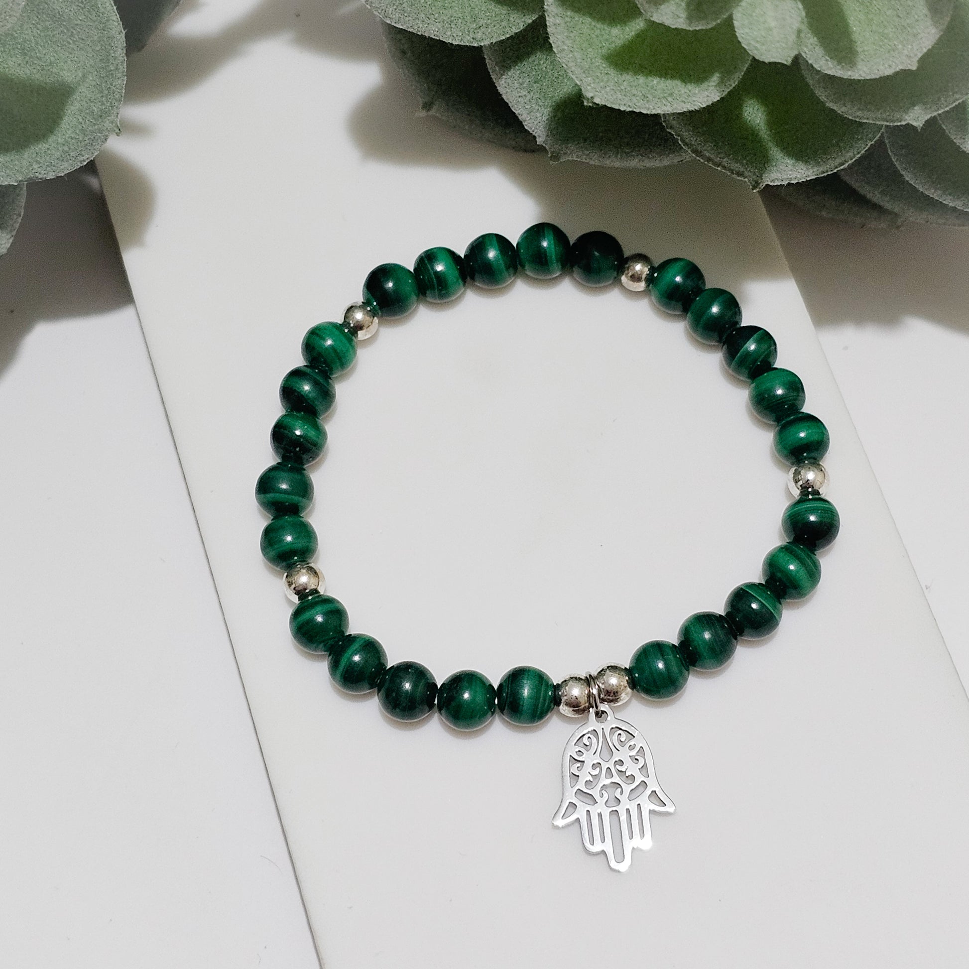 A Grade Malachite Silver Hamsa Bracelet