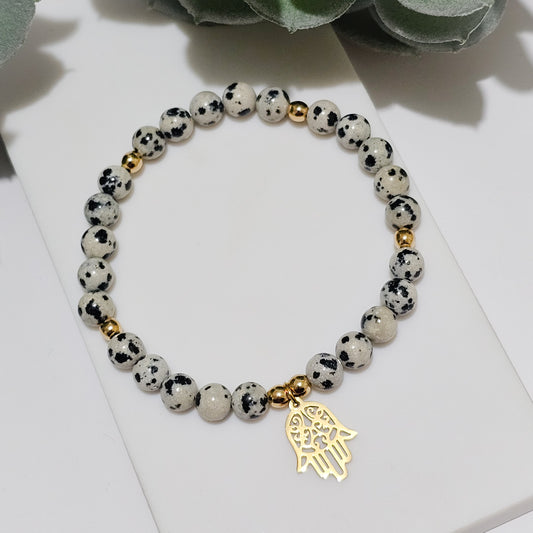 Dalmatian Jasper Gold Hamsa Bracelet