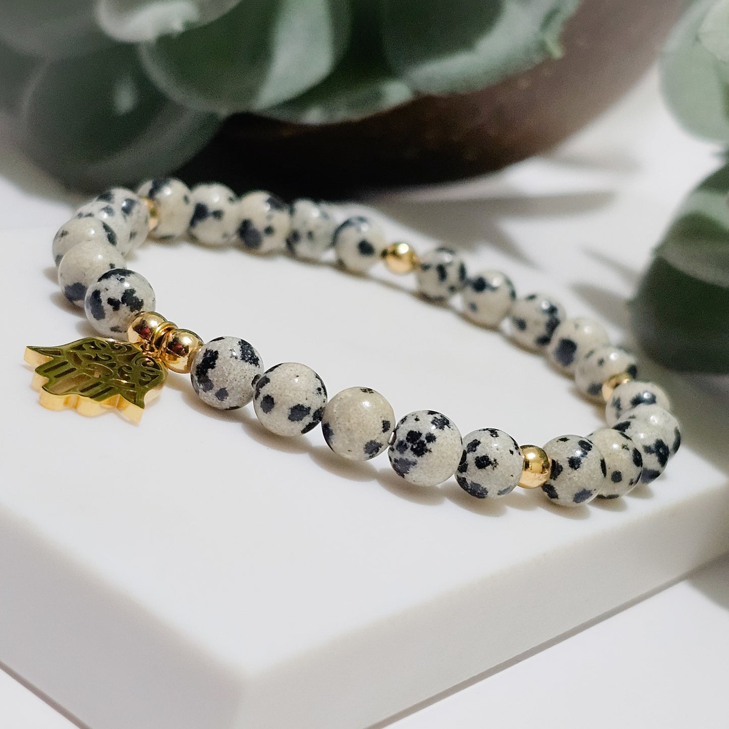 Dalmatian Jasper Gold Hamsa Bracelet