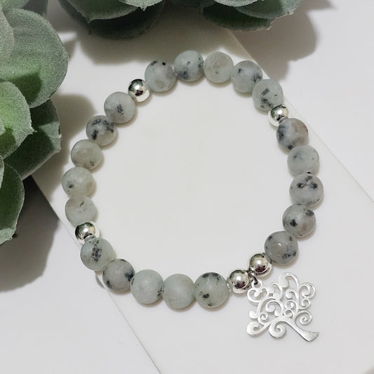 Frost Kiwi Jasper Silver Tree of Life Bracelet