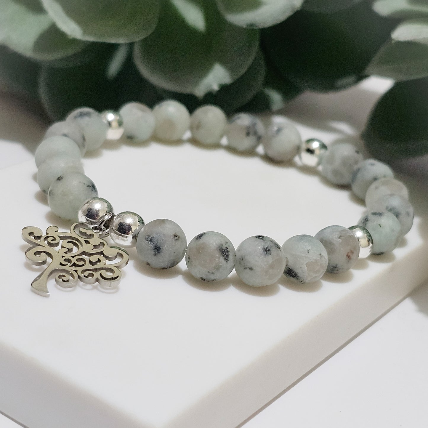 Frost Kiwi Jasper Silver Tree of Life Bracelet