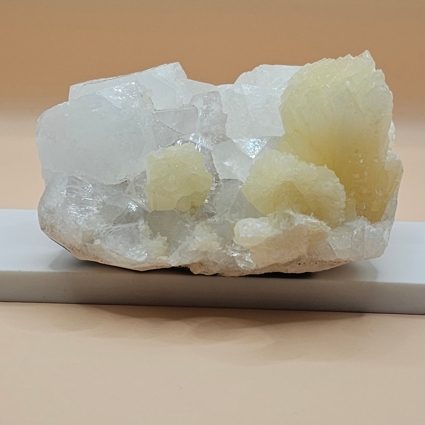 Apophyllite and Peach Stilbite Specimen Natural Crystal Cluster with Sparkling Points and Soft Peach Formations
