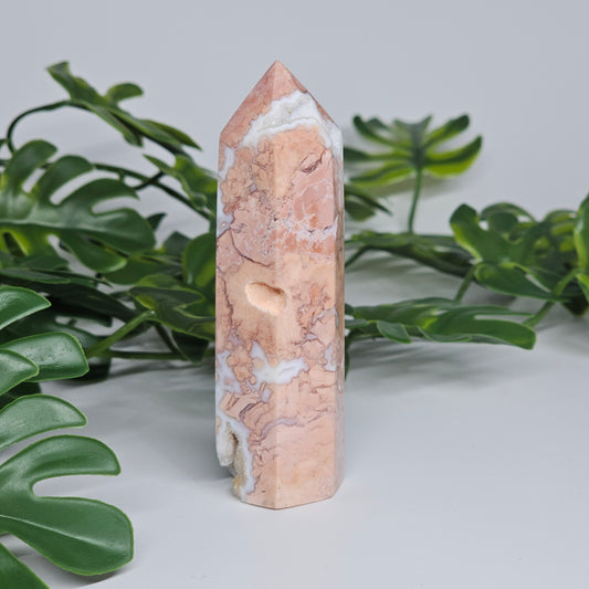 Cotton candy agate crystal tower showing layered pastel colours, natural druzy, vug and polished point