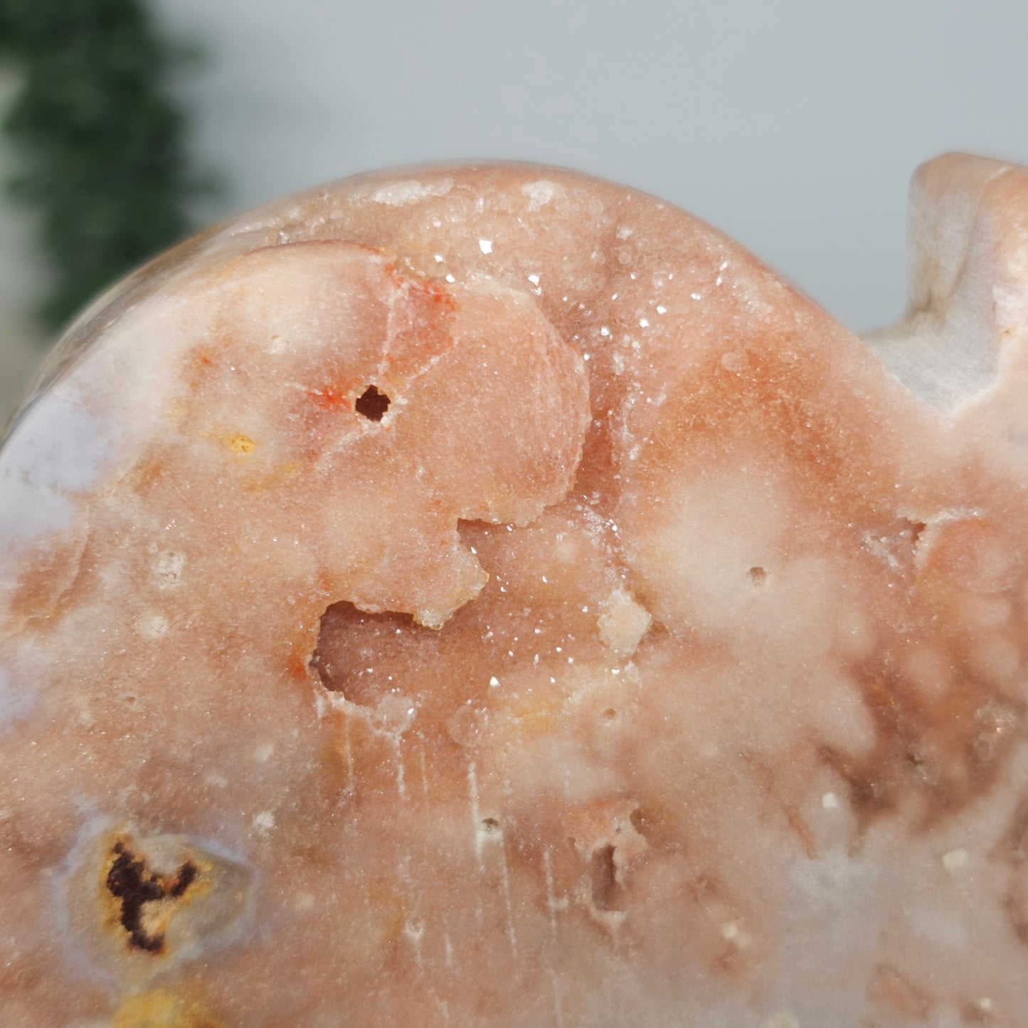 A detailed shot of the back's surface focusing on the unique mineral growth and the shimmering quality of the natural druzy.