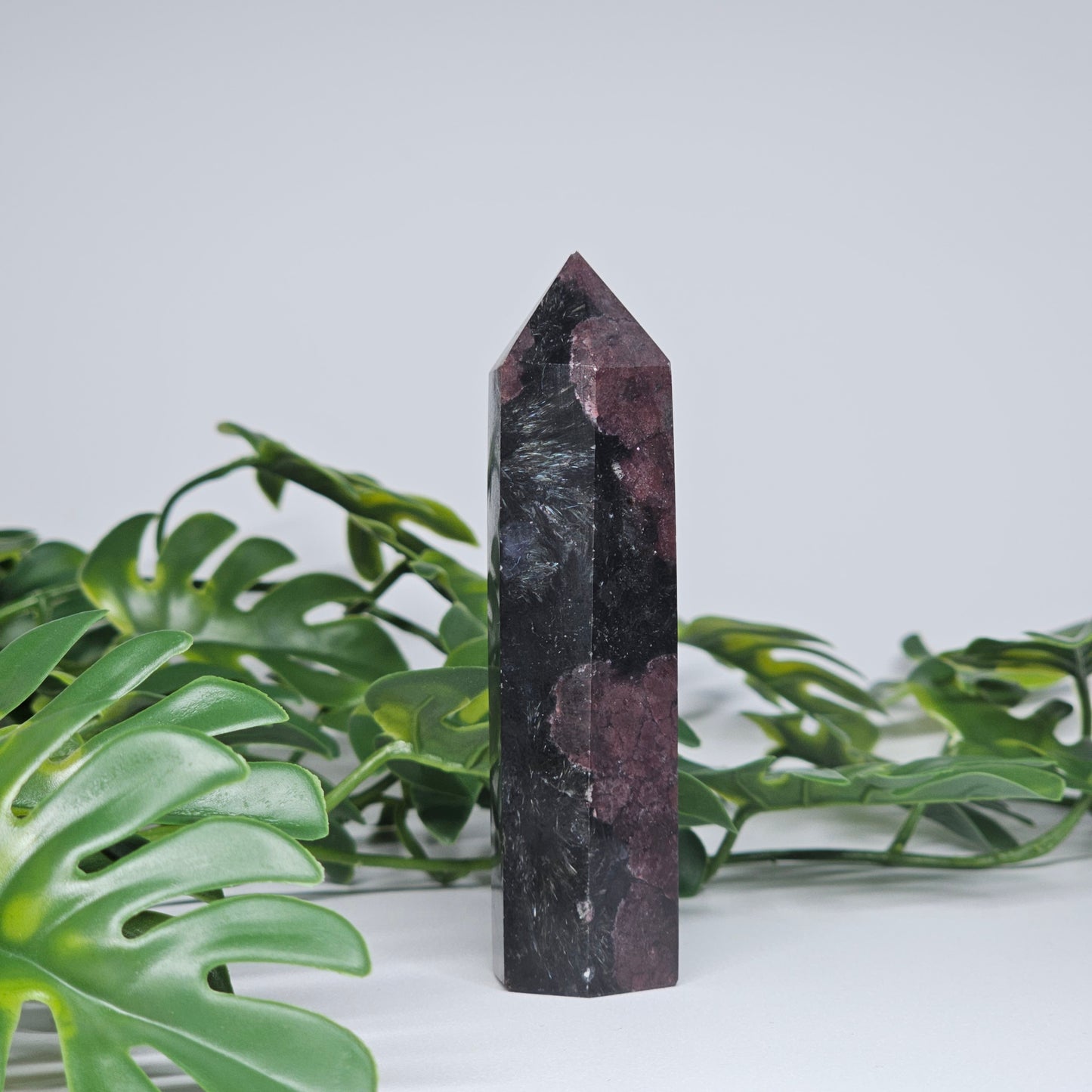Polished Garnet and Arfvedsonite tower crystal showing natural grounding energy stone pattern