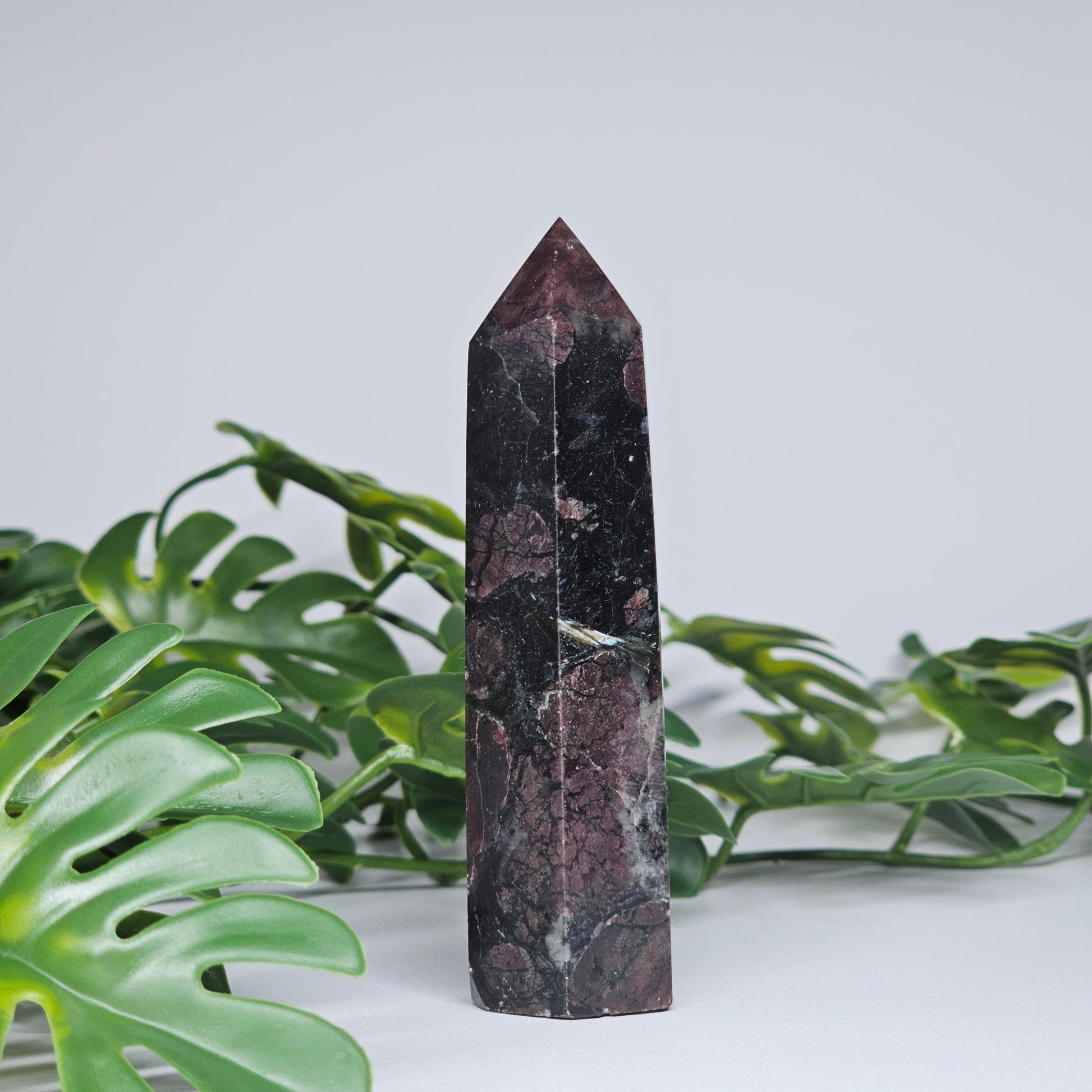 Polished Garnet and Arfvedsonite tower crystal showing natural grounding energy stone pattern