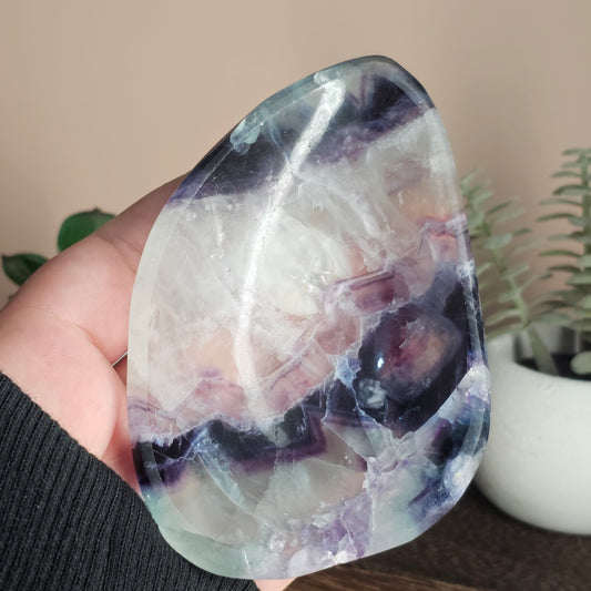Front view of the Rainbow Fluorite trinket dish held in hand, showing its polished surface and natural zoning of white, purple, blue, and green with subtle rainbow flashes.