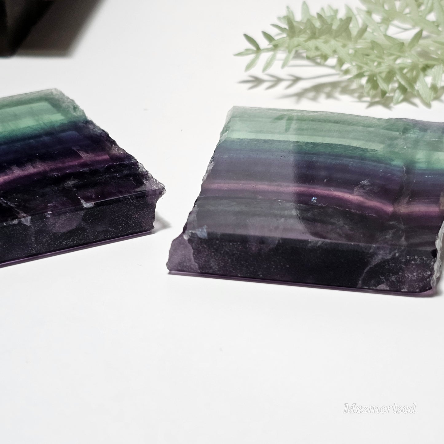 Close up showing depth (thickness) and structure of Fluorite slab pieces.