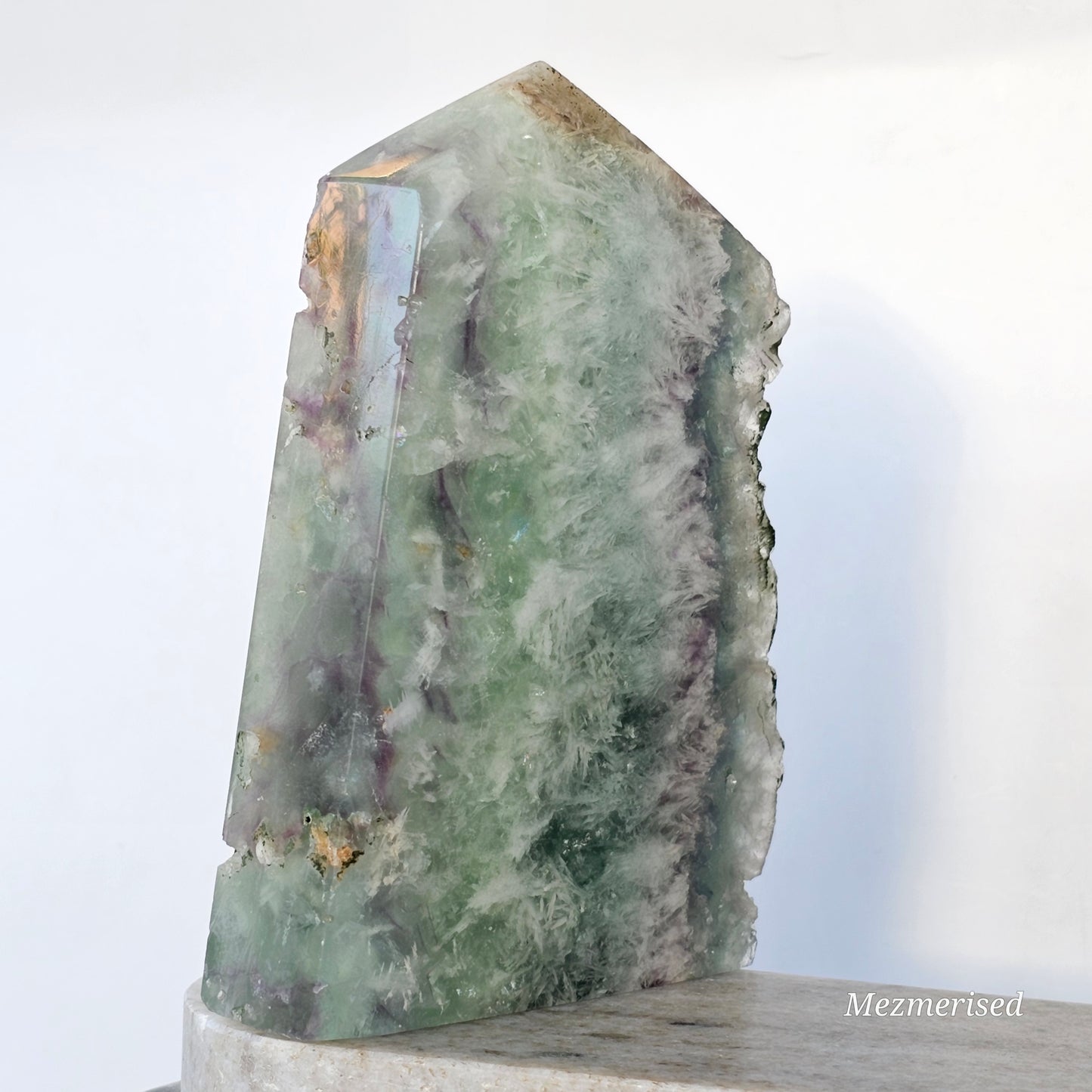 Opposite angled side of Feather Fluorite tower highlighting soft colour transitions and natural banding.