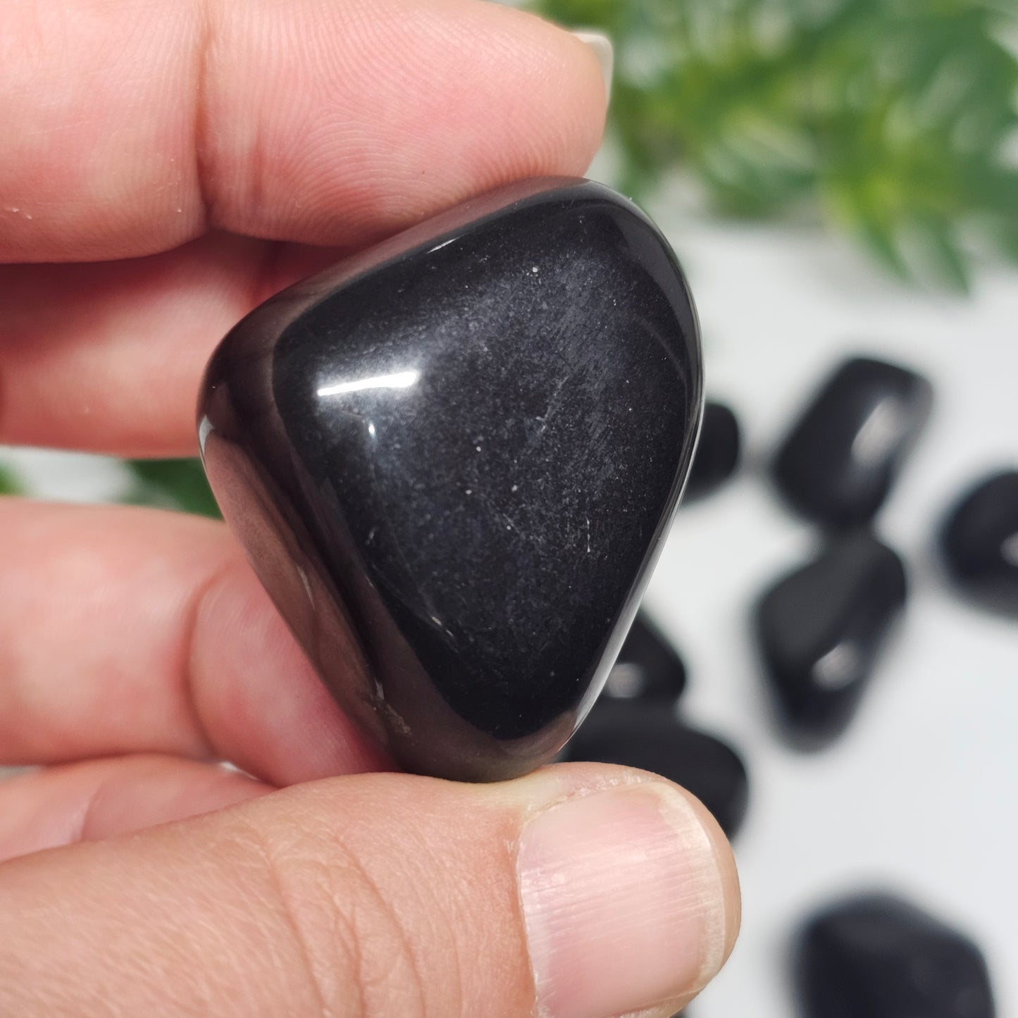 A single large Black Tourmaline tumble held in hand, ideal for grounding, protection, and energetic stability.