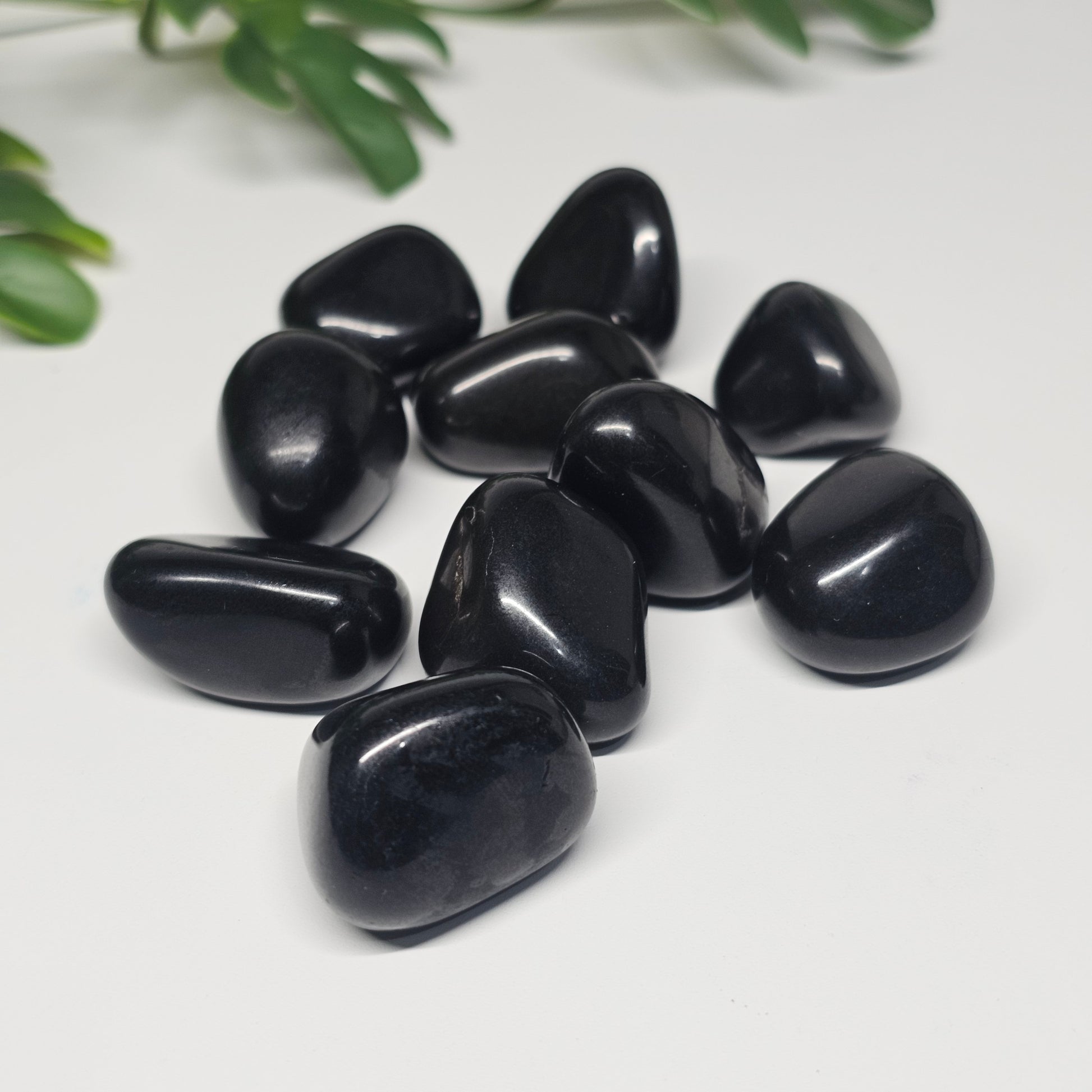 Small Black Tourmaline tumbles displayed on a flat surface, highlighting their natural form and powerful protective energy.